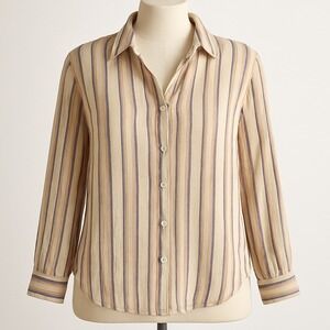 Vtg Womens Striped Button Shirt Sz L Tan Long Sleeve Indie Sleaze Grunge Granola